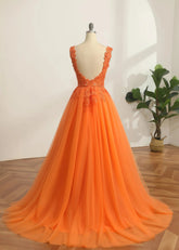 Constance | Ball - Gown/Princess Orange Light Pink A Line Backless V Neck Formal Dress - Orange - PromDressClub